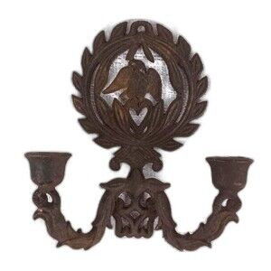 Rustic Cast Iron Sconce Double Wall  Candlestick Holder With and Heart on Wreath